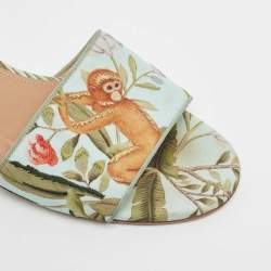 Pre Owned Aquazzura Turquoise Fabric Tropical Monkey Print Flat Slides Size 39.5