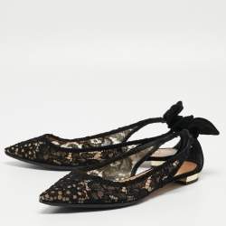Pre Owned Aquazzura Black Mesh and Suede Bow Tie Flats Size 38