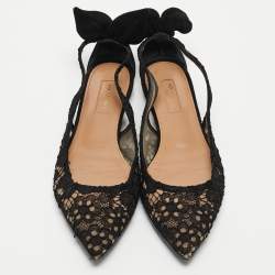 Pre Owned Aquazzura Black Mesh and Suede Bow Tie Flats Size 38