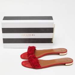 Pre Owned Aquazzura Red Suede Fringe Flat Slides Size 41