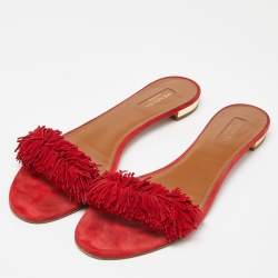 Pre Owned Aquazzura Red Suede Fringe Flat Slides Size 41