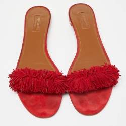 Pre Owned Aquazzura Red Suede Fringe Flat Slides Size 41