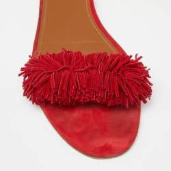 Pre Owned Aquazzura Red Suede Fringe Flat Slides Size 41