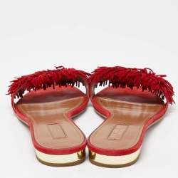 Pre Owned Aquazzura Red Suede Fringe Flat Slides Size 41