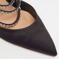 Pre Owned Aquazzura Black Satin Crystal Embellished Mules Size 40.5