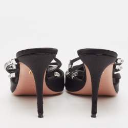 Pre Owned Aquazzura Black Satin Crystal Embellished Mules Size 40.5
