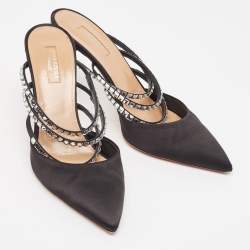 Pre Owned Aquazzura Black Satin Crystal Embellished Mules Size 40.5