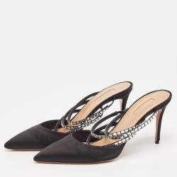 Pre Owned Aquazzura Black Satin Crystal Embellished Mules Size 40.5