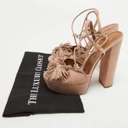 Pre Owned Aquazzura Pink Suede Platform Ankle Wrap Sandals Size 39.5