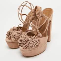 Pre Owned Aquazzura Pink Suede Platform Ankle Wrap Sandals Size 39.5