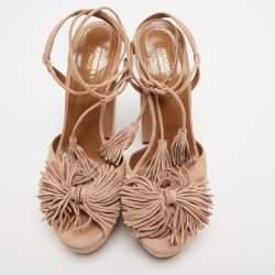 Pre Owned Aquazzura Pink Suede Platform Ankle Wrap Sandals Size 39.5