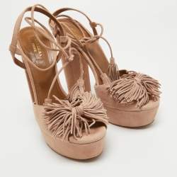 Pre Owned Aquazzura Pink Suede Platform Ankle Wrap Sandals Size 39.5