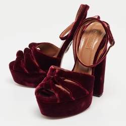 Pre Owned Aquazzura Burgundy Knotted Velvet Mira Sandals Size 36.5