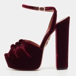 Pre Owned Aquazzura Burgundy Knotted Velvet Mira Sandals Size 36.5