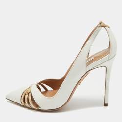 Pre Owned Aquazzura White/Gold Leather Cut Out Cece Pumps Size 36