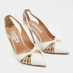 Pre Owned Aquazzura White/Gold Leather Cut Out Cece Pumps Size 36