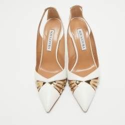 Pre Owned Aquazzura White/Gold Leather Cut Out Cece Pumps Size 36