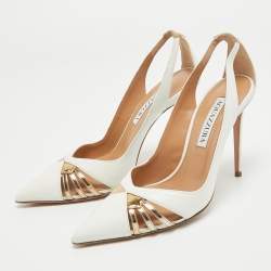 Pre Owned Aquazzura White/Gold Leather Cut Out Cece Pumps Size 36