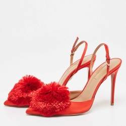 Pre Owned Aquazzura Red Satin Powder Puff Slingback Pumps Size 38