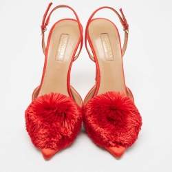 Pre Owned Aquazzura Red Satin Powder Puff Slingback Pumps Size 38