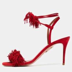 Aquazzura Red Fringed Suede Wild Thing Ankle Wrap Sandals Size 39