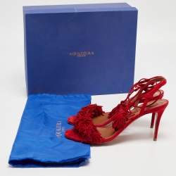 Pre Owned Aquazzura Red Fringed Suede Wild Thing Ankle Wrap Sandals Size 39