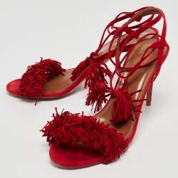 Pre Owned Aquazzura Red Fringed Suede Wild Thing Ankle Wrap Sandals Size 39
