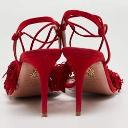 Aquazzura Red Fringed Suede Wild Thing Ankle Wrap Sandals Size 39