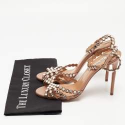 Pre Owned Aquazzura Beige Leather Crystal-Embellished Ankle Strap Sandals Size 39