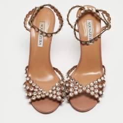 Pre Owned Aquazzura Beige Leather Crystal-Embellished Ankle Strap Sandals Size 39