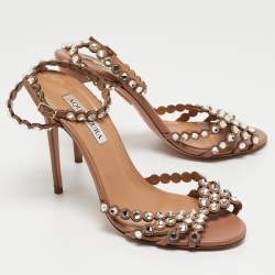Pre Owned Aquazzura Beige Leather Crystal-Embellished Ankle Strap Sandals Size 39