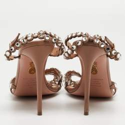 Pre Owned Aquazzura Beige Leather Crystal-Embellished Ankle Strap Sandals Size 39