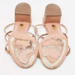 Pre Owned Aquazzura Beige Leather Crystal Embellished Slides Size 36