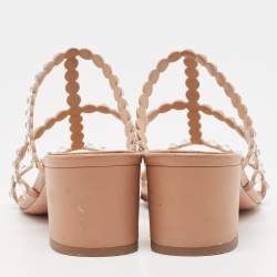 Pre Owned Aquazzura Beige Leather Crystal Embellished Slides Size 36