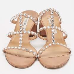 Pre Owned Aquazzura Beige Leather Crystal Embellished Slides Size 36