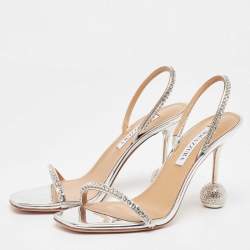 Pre Owned Aquazzura Metallic Silver Leather Yes Darling Slingback Sandals Size 38
