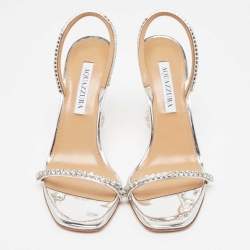 Pre Owned Aquazzura Metallic Silver Leather Yes Darling Slingback Sandals Size 38