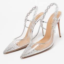 Pre Owned Aquazzura Transparent PVC and Crystal Embellished Heaven 105 Pump Size 37