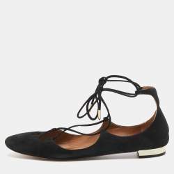 Pre Owned Aquazzura Black Suede Dancer Lace Up Ballet Flats Size 40