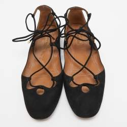 Pre Owned Aquazzura Black Suede Dancer Lace Up Ballet Flats Size 40
