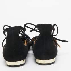 Pre Owned Aquazzura Black Suede Dancer Lace Up Ballet Flats Size 40