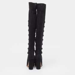 Pre Owned Aquazzura Black Suede Buttons Embellished Over The Knee Boots Size 39