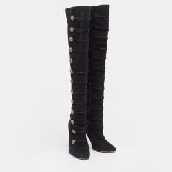Pre Owned Aquazzura Black Suede Buttons Embellished Over The Knee Boots Size 39