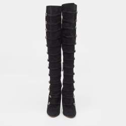 Pre Owned Aquazzura Black Suede Buttons Embellished Over The Knee Boots Size 39