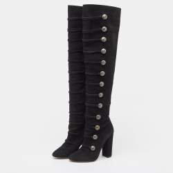 Pre Owned Aquazzura Black Suede Buttons Embellished Over The Knee Boots Size 39