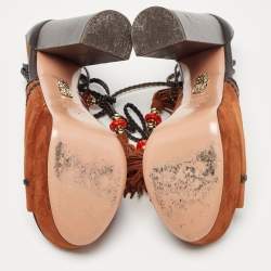 Pre Owned Aquazzura Black/Brown Suede and Leather Ankle Sandals Size 38.5