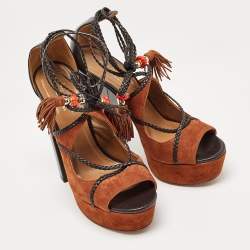 Pre Owned Aquazzura Black/Brown Suede and Leather Ankle Sandals Size 38.5