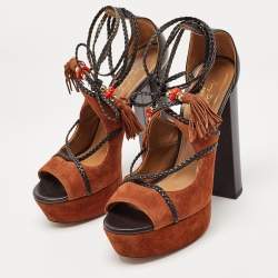 Pre Owned Aquazzura Black/Brown Suede and Leather Ankle Sandals Size 38.5