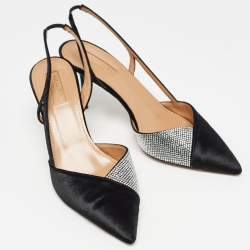 Pre Owned Aquazzura Black Velvet and Crystal Embellished Slingback Pumps Size 38