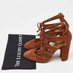 Pre Owned Aquazzura Brown Suede Lace Up Block Heel Pumps Size 39